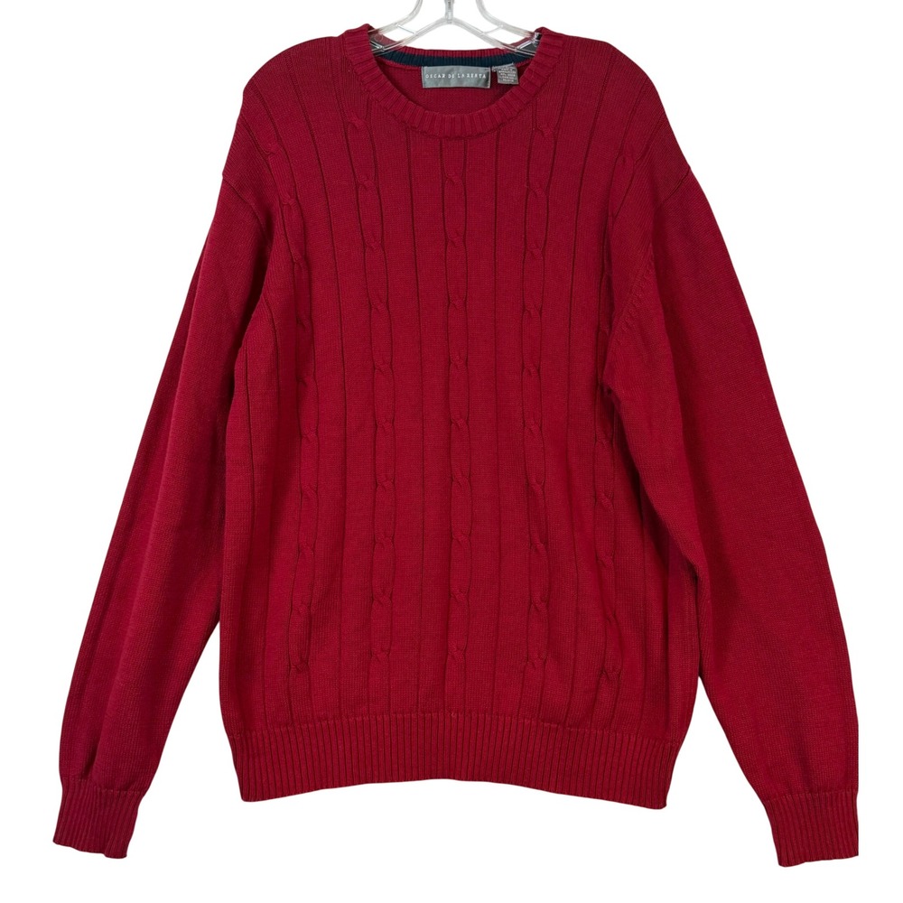 Oscar‎ de la Renta Mens Red Cable Knit Cotton Crewneck Sweater XL Preppy Classic